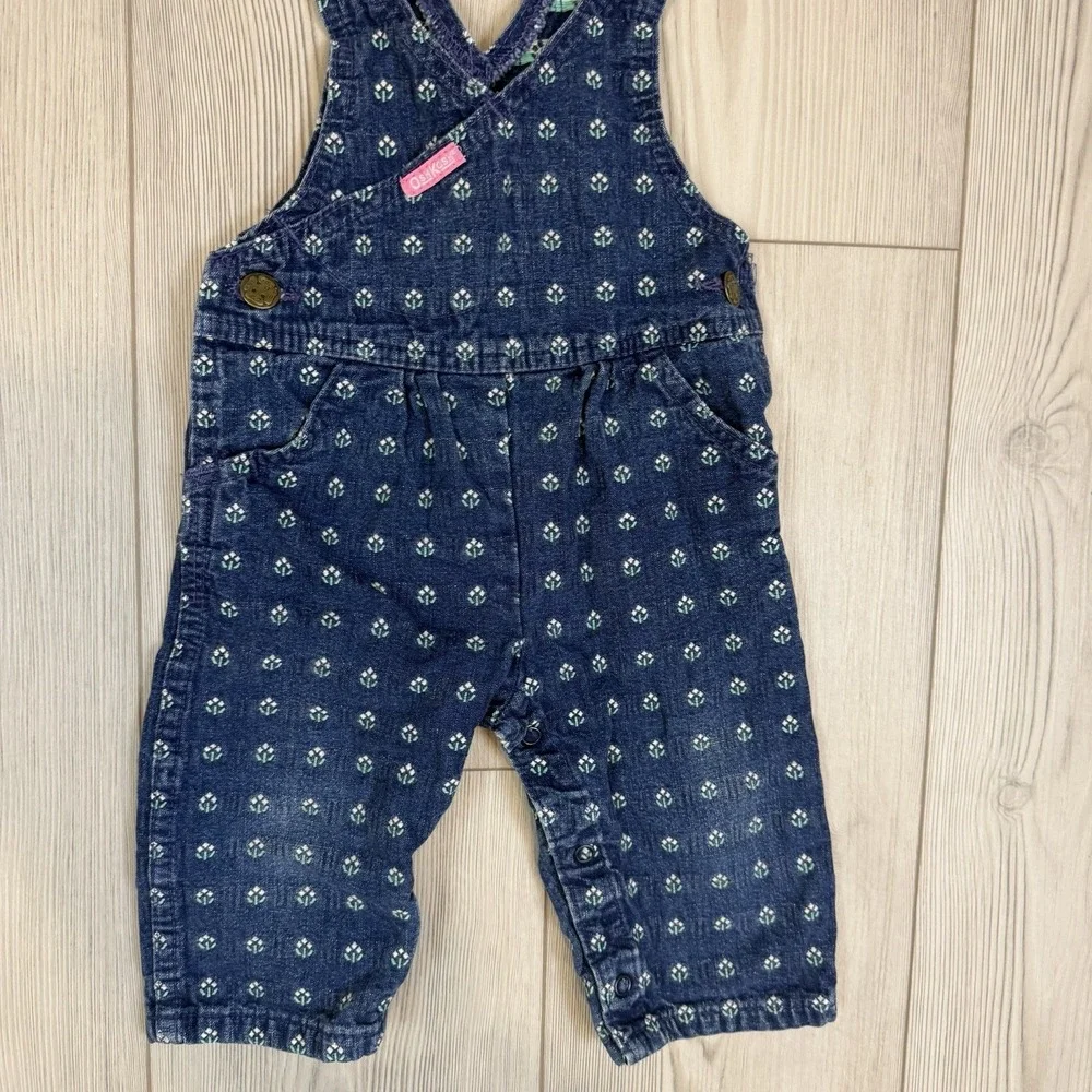Vtg 1980s Oshkosh‎ Vestbak 12M Romper Overalls Flower USA Denim Embroidered